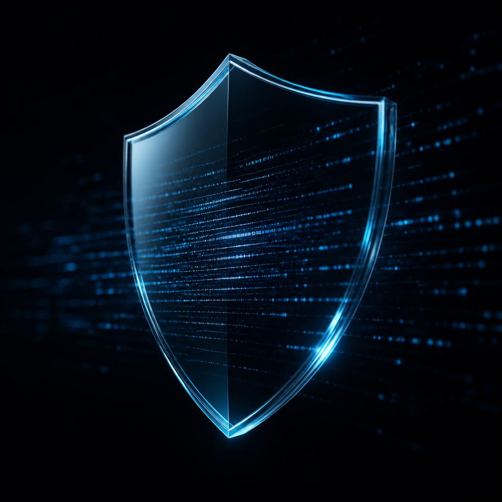 A translucent glass shield lit in blue over streams of encrypted data