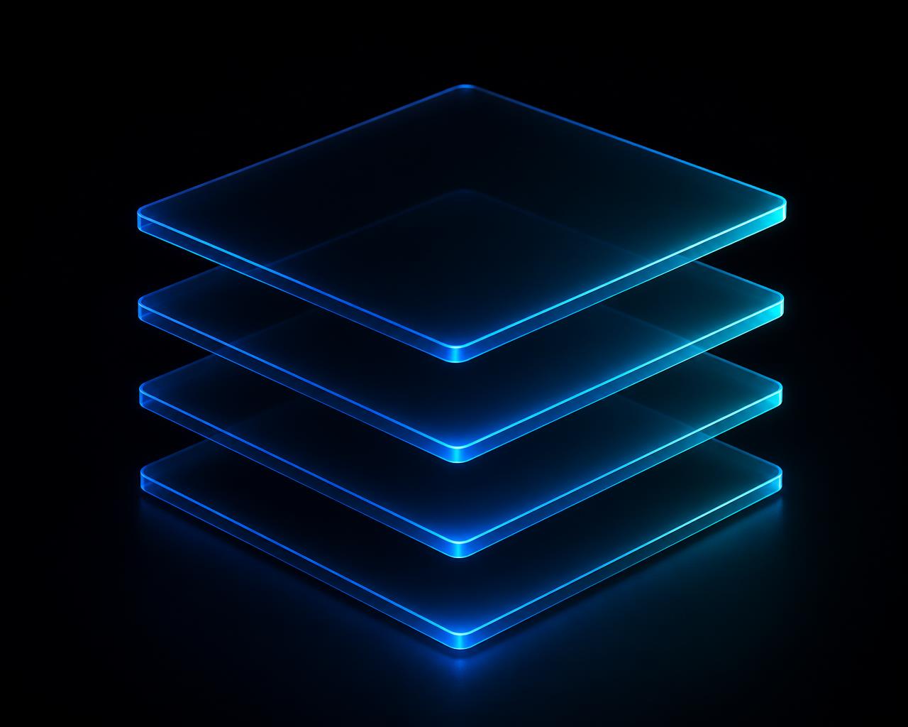 Four stacked translucent glass layers lit in blue and cyan, representing the full payment stack